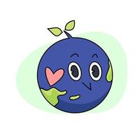 Vintage happy cute Earth planet character mascot with heart symbol, and growing plant on it. Vector illustration