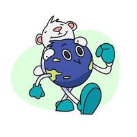 Vintage happy cute Earth planet character mascot holding a polar bear. Vector illustration