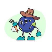 Vintage happy cute Earth planet character mascot wearing a cowboy hat and holding a carrot. Vector illustration