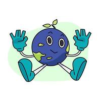 Vintage happy cute Earth planet character mascot flying, and growing plants on it. Vector illustration