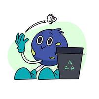 Vintage happy cute Earth planet character mascot is picking up trash and putting trash in recycle bin. Vector illustration