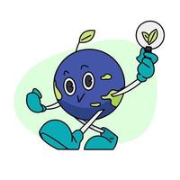 Vintage happy cute Earth planet character mascot with a light bulb holding a heart inside. Vector illustration