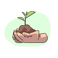 Vintage happy cute Earth planet character mascot hand holding soil and growing plant. Vector illustration