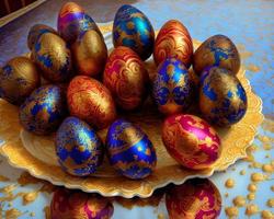 painted easter eggs celebrating a Happy Easter on a spring day with a green grass meadow, bright sunlight and a background with copy space and a rustic wooden bench to display products photo