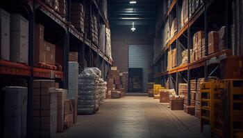 Large industrial warehouse with shelves full of goods photo