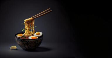 ramen coreano-japonés comida en el cuenco realista producto escaparate para comida fotografía ai generado foto