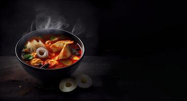 kimchi soup korean food in the bowl realistic product showcase for food photography photo