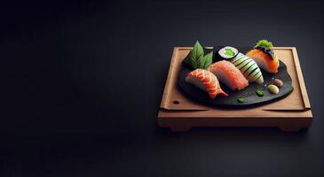 Sushi japonés comida yo en el plano de madera tablero realista producto escaparate para comida fotografía ai generado ai generado foto