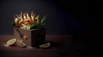 french and shrimps realistic product showcase for food photography photo