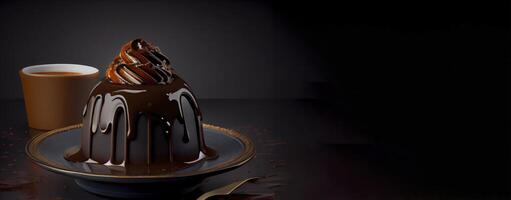 chocolate pudding in the solid plate realistic 3D, product showcase for food photography photo