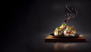 takoyaki korean japanese food in the solid plate realistic product showcase for food photography photo