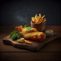 fish and french fries realistic product showcase for food photography photo