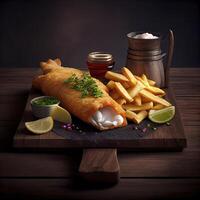fish and french fries realistic product showcase for food photography photo