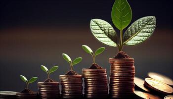 un fila de pilas de monedas con un planta creciente fuera de a ellos. árbol hoja en salvar dinero monedas, negocio Finanzas ahorro bancario inversión concepto generado ai foto