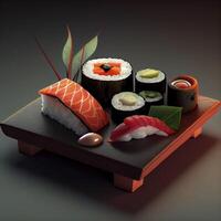 Sushi japonés comida yo en el plano de madera tablero realista producto escaparate para comida fotografía ai generado ai generado foto