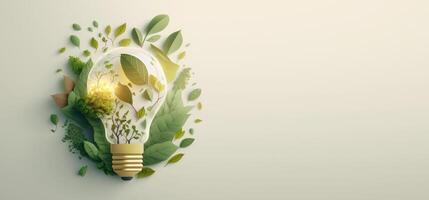 Paper cut of eco friendly light bulb banner with copy space, Renewable and sustainable energy. photo