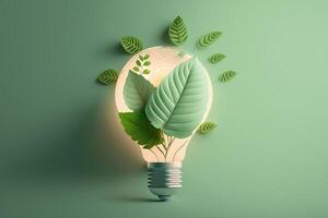 Paper cut of eco friendly light bulb with green leaves, Renewable and sustainable energy concept. photo