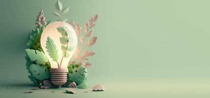 Paper cut of eco friendly light bulb banner with copy space, Renewable and sustainable energy. photo