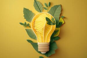 Paper cut of eco friendly light bulb with green leaves, Renewable and sustainable energy concept. photo