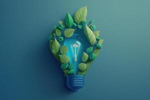 Paper cut of eco friendly light bulb with green leaves, Renewable and sustainable energy concept. photo