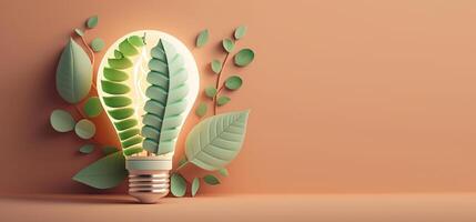 Paper cut of eco friendly light bulb banner with copy space, Renewable and sustainable energy. photo
