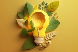 Paper cut of eco friendly light bulb with green leaves, Renewable and sustainable energy concept. photo