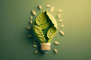 Paper cut of eco friendly light bulb with green leaves, Renewable and sustainable energy concept. photo
