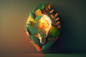 Paper cut of eco friendly light bulb with green leaves, Renewable and sustainable energy concept. photo