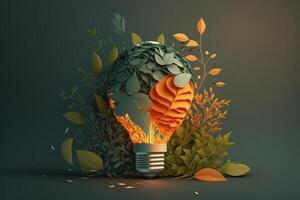 Paper cut of eco friendly light bulb with green leaves, Renewable and sustainable energy concept. photo