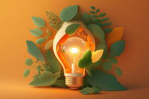 Paper cut of eco friendly light bulb with green leaves, Renewable and sustainable energy concept. photo