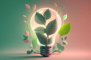 Paper cut of eco friendly light bulb with green leaves, Renewable and sustainable energy concept. photo