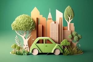 Eco friendly car with cityscape paper cut style, Renewable and sustainable energy concept. photo