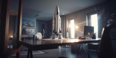 Business start up concept with rocket launching in workplace. photo