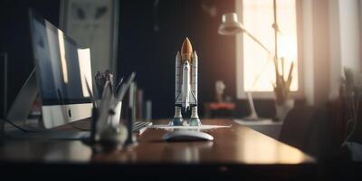 Business start up concept with rocket launching in workplace. photo