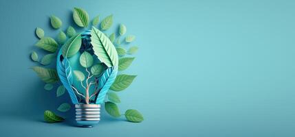 Paper cut of eco friendly light bulb banner with copy space, Renewable and sustainable energy. photo