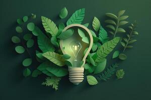Paper cut of eco friendly light bulb with green leaves, Renewable and sustainable energy concept. photo