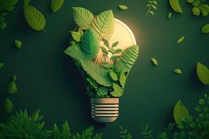 Paper cut of eco friendly light bulb with green leaves, Renewable and sustainable energy concept. photo