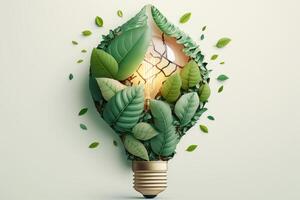 Paper cut of eco friendly light bulb with green leaves, Renewable and sustainable energy concept. photo