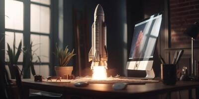 Business start up concept with rocket launching in workplace. photo