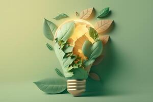 Paper cut of eco friendly light bulb with green leaves, Renewable and sustainable energy concept. photo