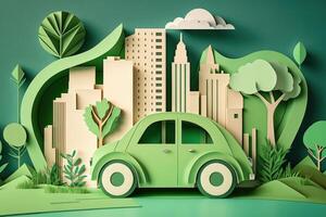 Eco friendly car with cityscape paper cut style, Renewable and sustainable energy concept. photo