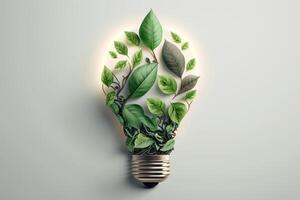 Paper cut of eco friendly light bulb with green leaves, Renewable and sustainable energy concept. photo