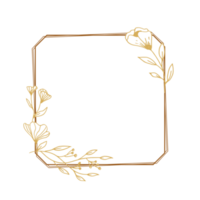 Elegant gold square floral border with hand drawn leaves and flowers for wedding invitation, thank you card, logo, greeting card png