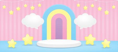 cute kawaii colorful rainbow arch display and podium with cloud speech bubble and hanging stars 3d illustration vector for putting product or object