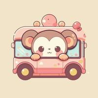 A cute cartoon character of a monkey on a pink ice cream truck. vector