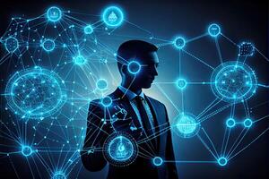 Blockchain technology and network concept Businessman blockchain in hand with icons network connection on blue security and digital connection background photo