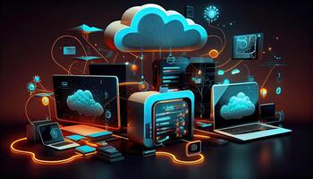 nube tecnología informática dispositivos conectado a digital almacenamiento en el datos centrar vía el Internet iot inteligente hogar comunicación ordenador portátil tableta teléfono dispositivos empresario utilizando tecnología generado ai foto