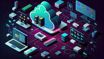 nube tecnología informática dispositivos conectado a digital almacenamiento en el datos centrar vía el Internet iot inteligente hogar comunicación ordenador portátil tableta teléfono dispositivos empresario utilizando tecnología generado ai foto