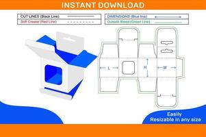 Mobile charger Square snap lock box, Hanging window box dieline template design and 3D box Box dieline and 3D box vector