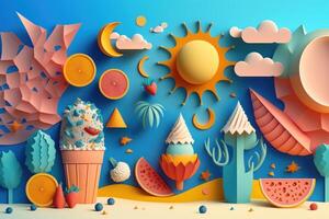 Colorful Summer festive time background in paper craft style. photo